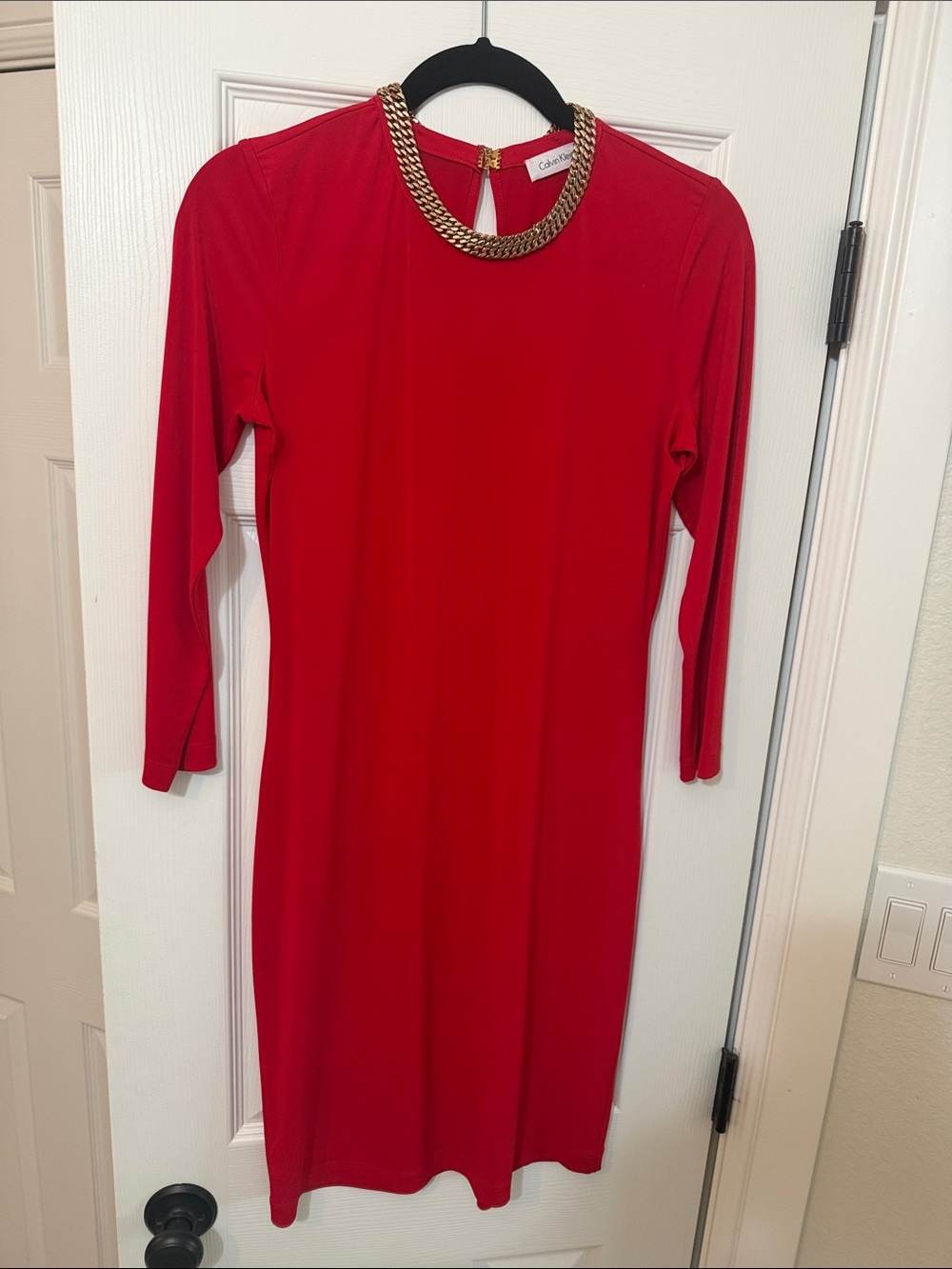 Calvin Klein Red Long-Sleeve Sheath Dress with Gold Chain Accent
